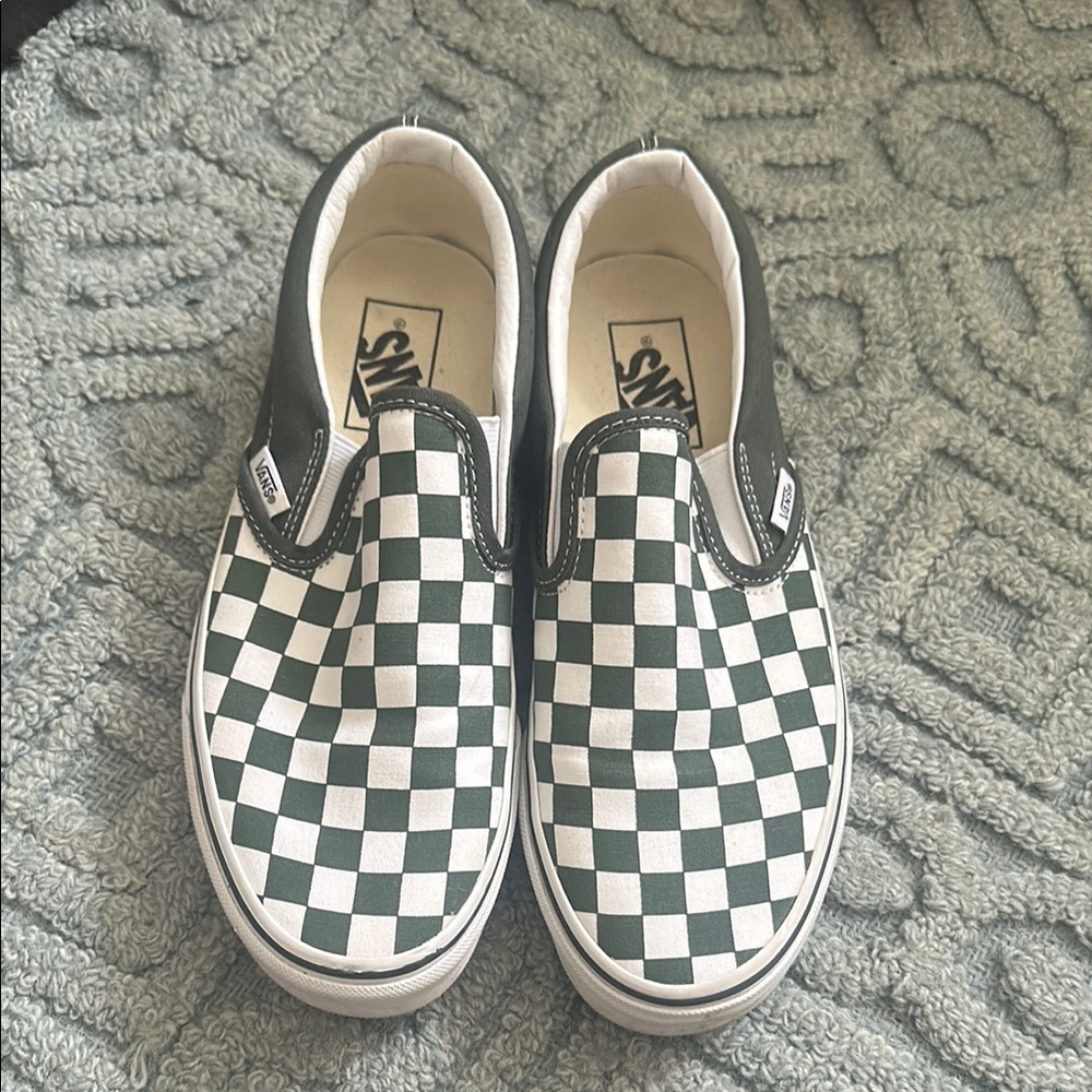 Vans Green and White Checkered Slip-On Sneakers